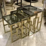 میز عسلی 3 تایی استیل طلایی با رویه شیشه