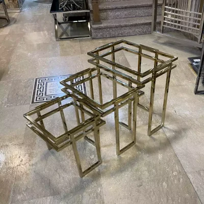 میز عسلی 3 تایی استیل طلایی با رویه شیشه