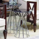 میز عسلی 2 تایی پایه بلند استیل با رویه شیشه