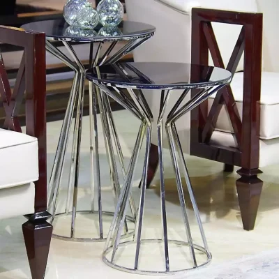 میز عسلی 2 تایی پایه بلند استیل با رویه شیشه