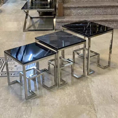 ست میز عسلی 3تایی استیل نقره ای با رویه سنگ