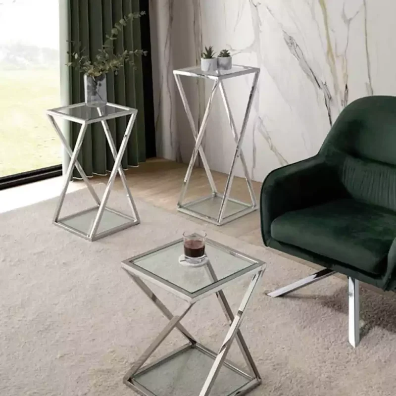 میز عسلی 3 تایی پایه بلند استیل با رویه شیشه