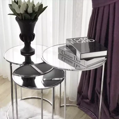 میز عسلی 3 تایی پایه بلند استیل با رویه شیشه