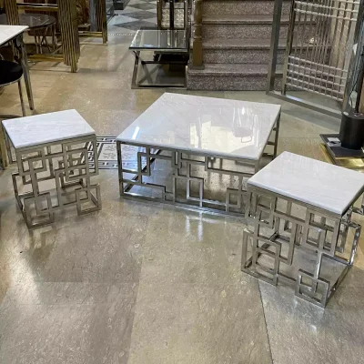 ست میز عسلی 3تایی استیل نقره ای با رویه سنگ سفید