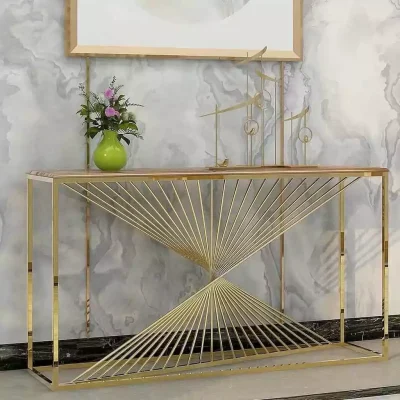 میز کنسول استیل طلایی با رویه شیشه