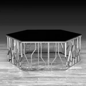 میز 6 ضلعی جلومبلی استیل با رویه شیشه