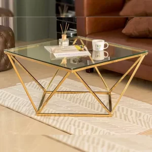 میز جلو مبلی استیل با رویه شیشه نقره ای و طلایی