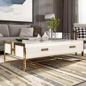 میز جلومبلی کشو دار سفید و طلایی