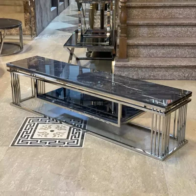 میز tv استیل به رنگ نقره ای با رویه سنگ