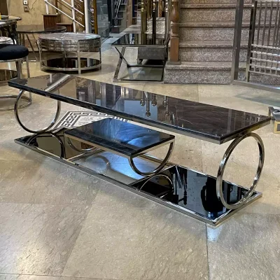 میز tv استیل به رنگ نقره ای با رویه سنگ