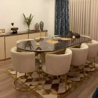 ست صندلی و میز ناهار خوری استیل کرم و طلایی 6 نفره