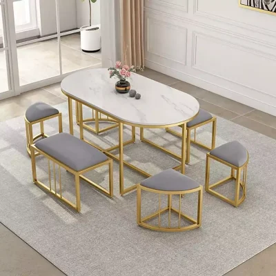 صندلی و میز استیل طلایی و خاکستری 6 نفره