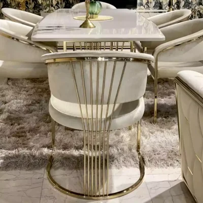 ست صندلی و میز ناهار خوری استیل سفید و طلایی 6 نفره